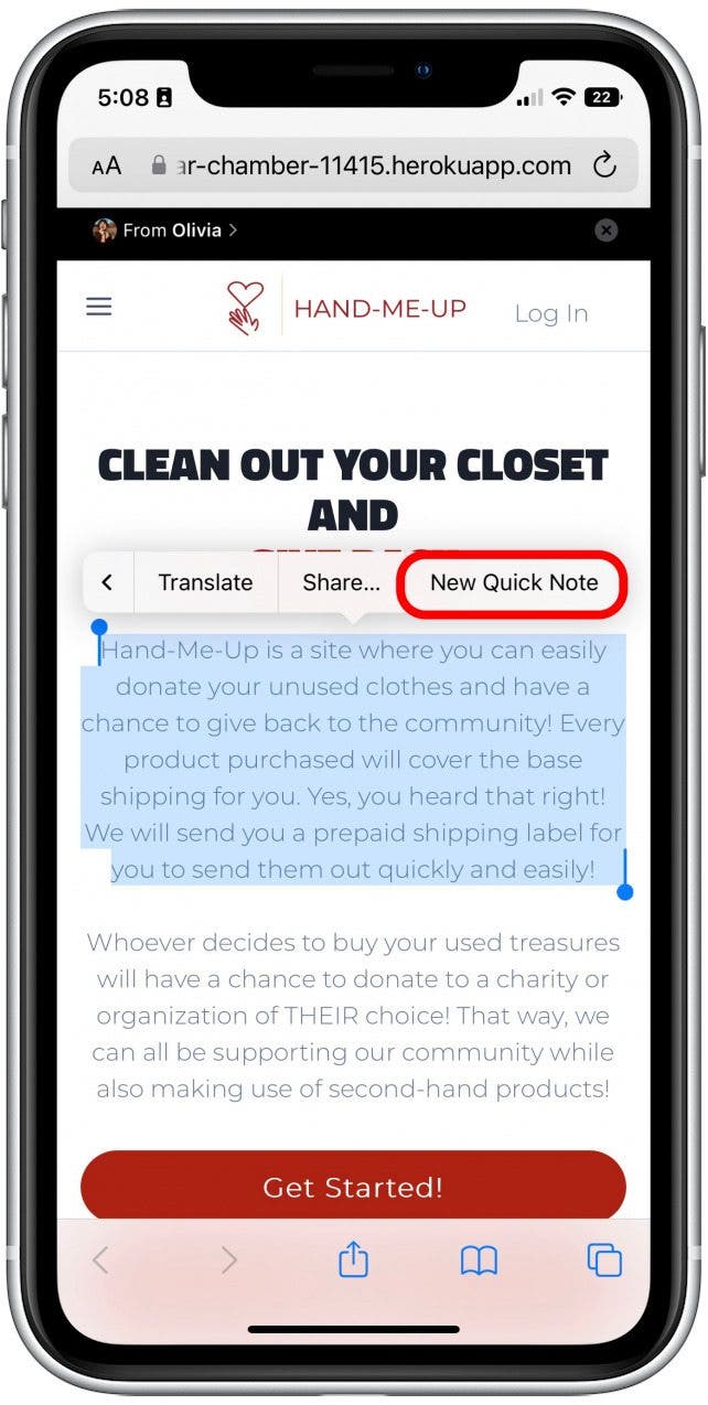 Tap New Quick Note.