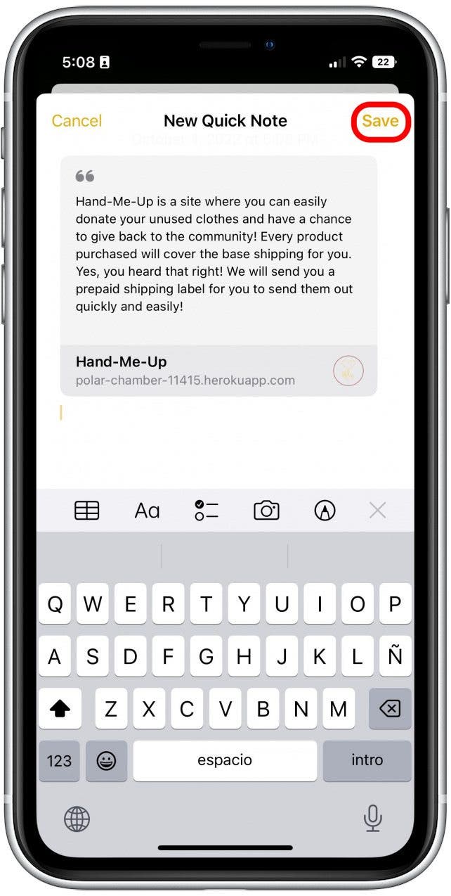 A Quick Note will appear with the website link. Tap Save to save the note.