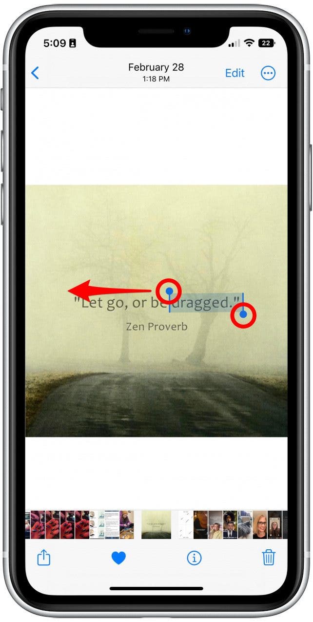 Tap and hold the text on the image and then drag the cursors to highlight the portion you'd like to save to a Quick Note.