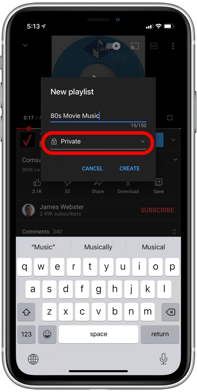 Set to private or public YouTube playlist setting
