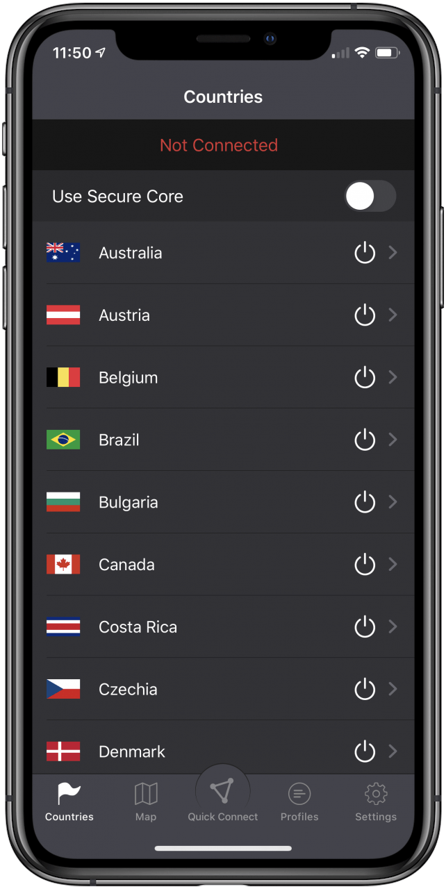 Free vpn for ipad: Showing ProtonVPN's free mode and server list