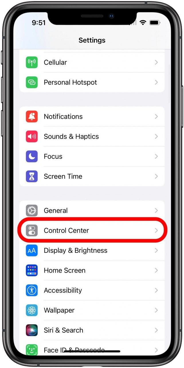 Settings screen with Control Center option marked.