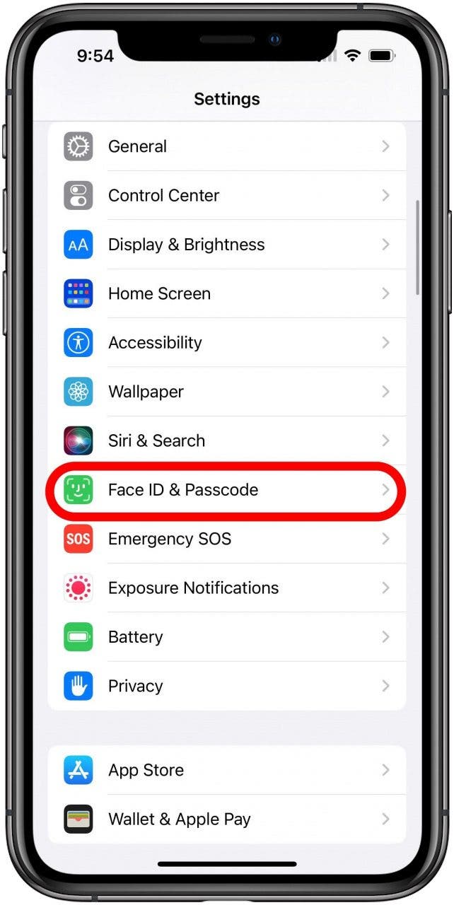 Settings screen with Face ID & Passcode option marked.