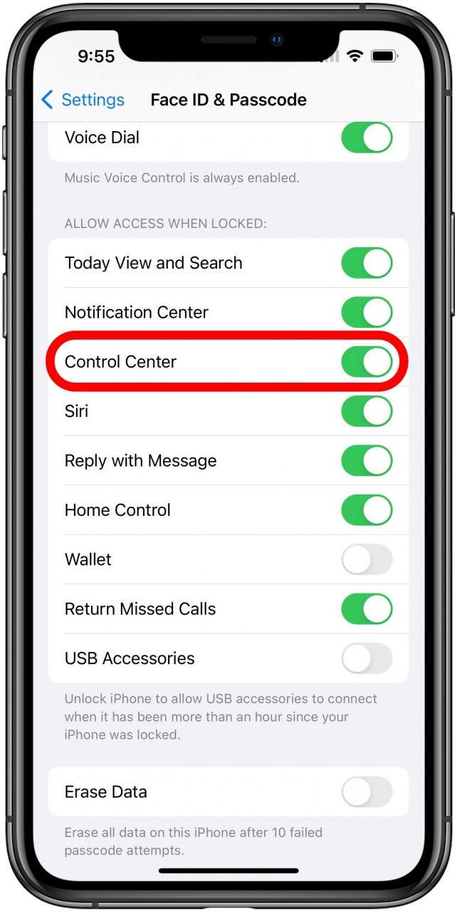 Face ID & Passcode Settings with Control Center option marked.