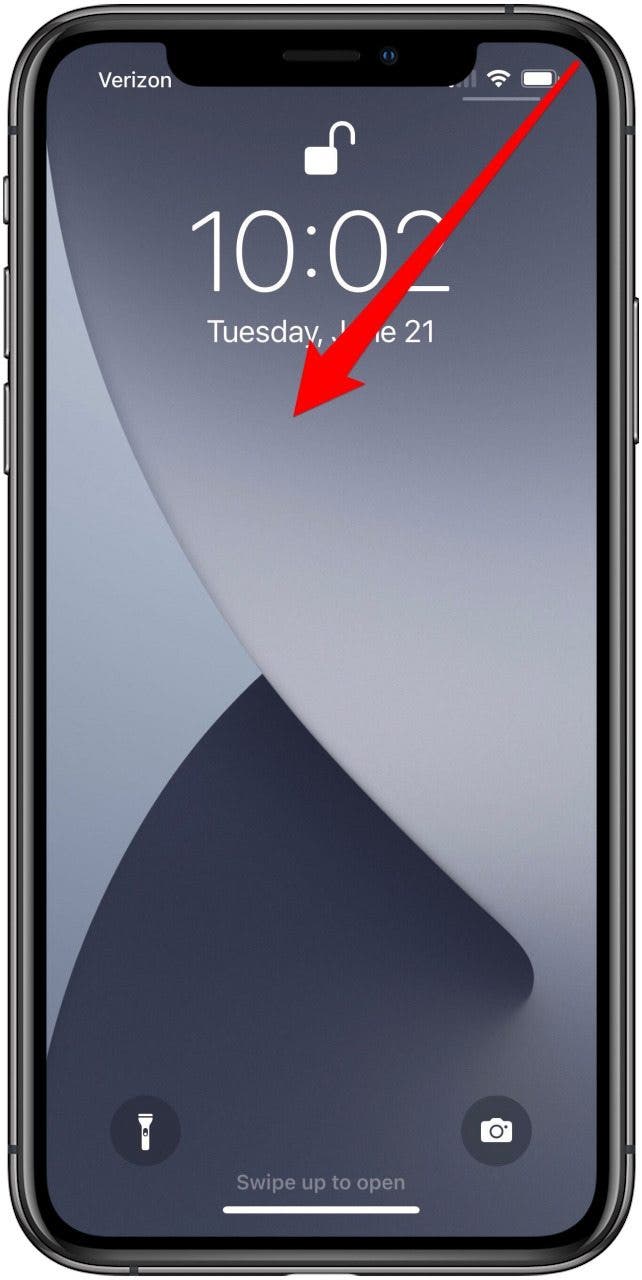 Lock Screen with a mark to indicate swiping from the upper right corner of the screen.