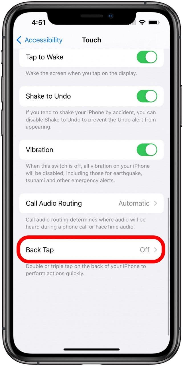 Touch Accessibility settings screen with Back Tap option marked.