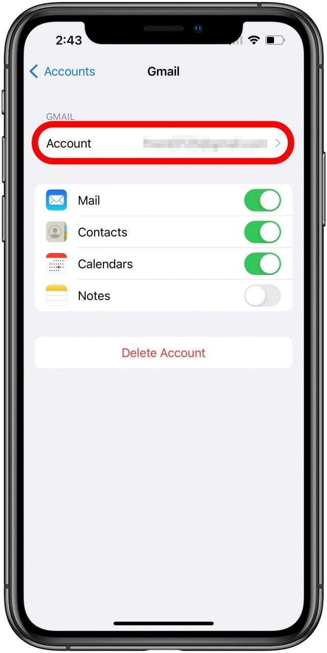 Gmail accounts settings with Account option marked