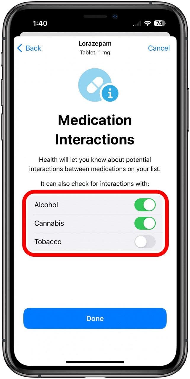 The Medication Interactions screen for adding your first medication, with the box for all three toggles marked.
