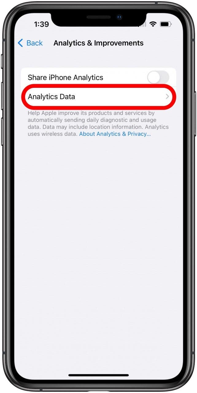 Analytics & Improvements Settings screen with Analytics Data option marked