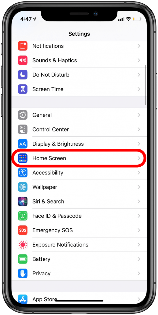 Scroll down and tap on Home Screen