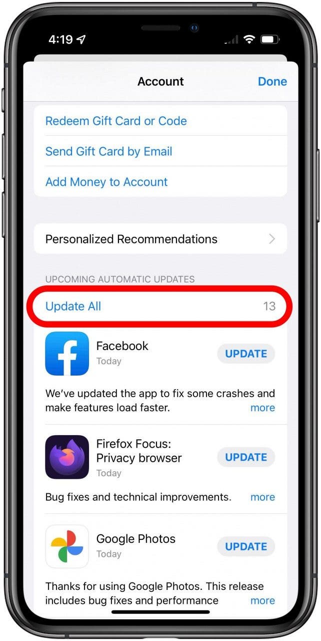 App store Account menu with Update All marked