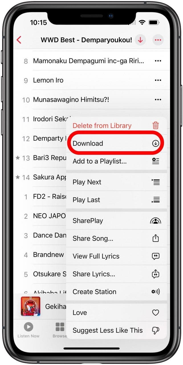 Apple Music app with the three dot button menu for a song open and the Download option marked.