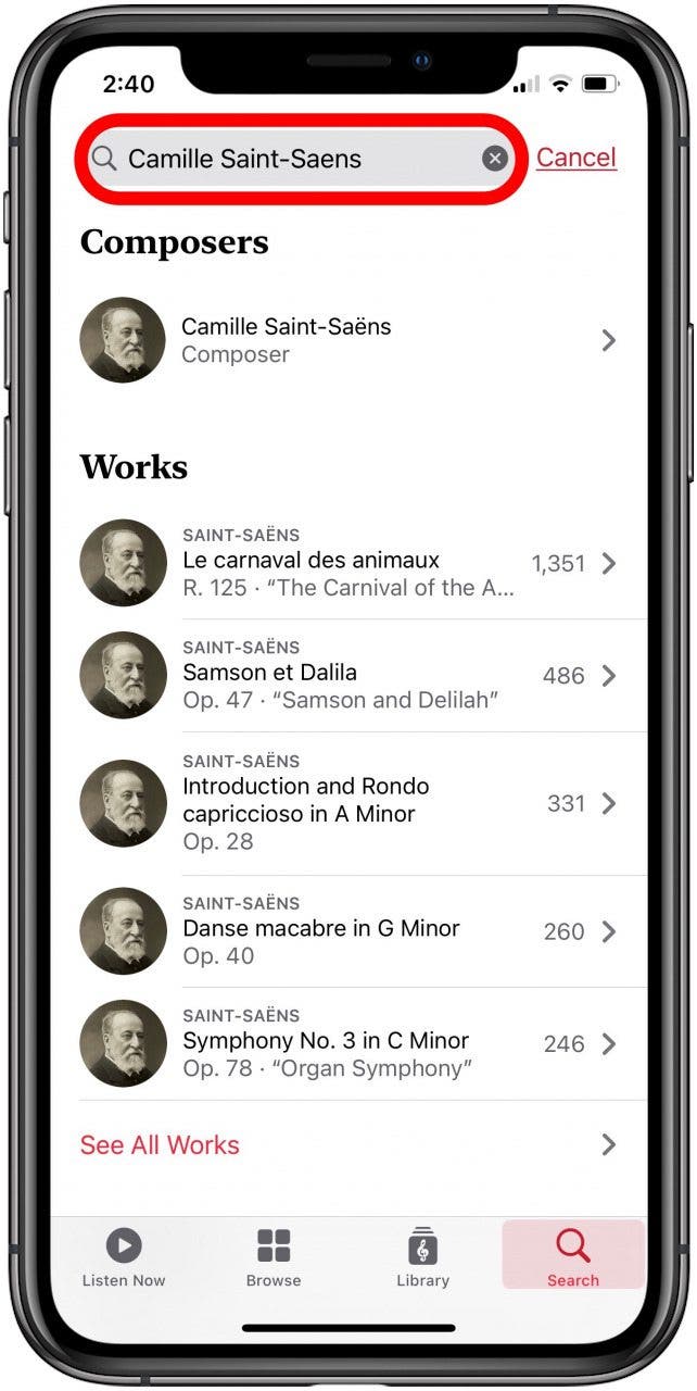 apple music classical app search tab