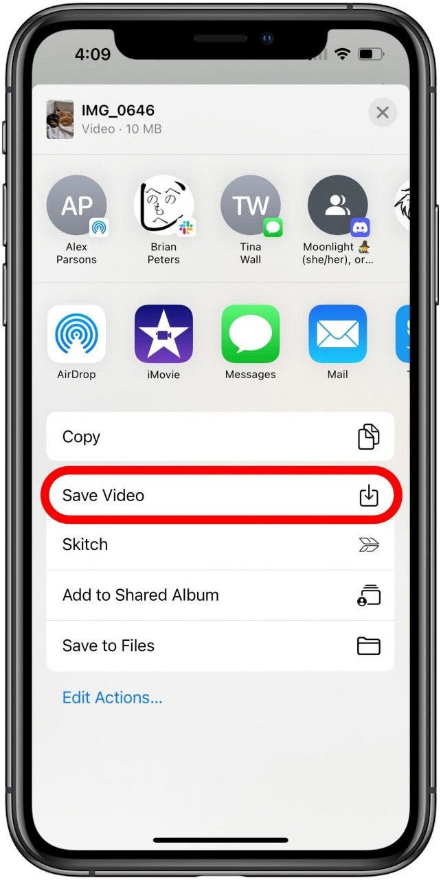 Attachment share sheet with Save Video option marked