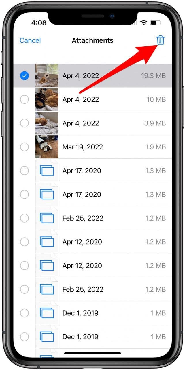 Attachments list after tapping Edit with one selected attachment and Delete button marked
