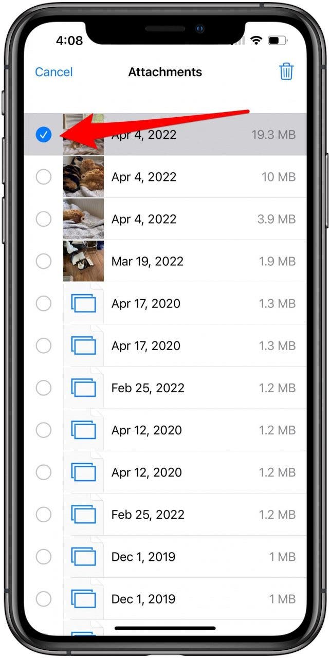 Attachments list after tapping Edit with one selected attachment marked