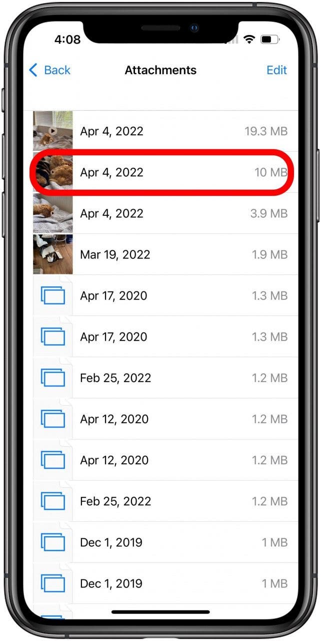 Attachments list with one attachment marked
