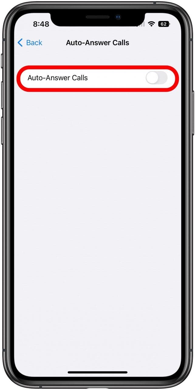 Auto-Answer Calls Settings screen with the disabled toggle marked.