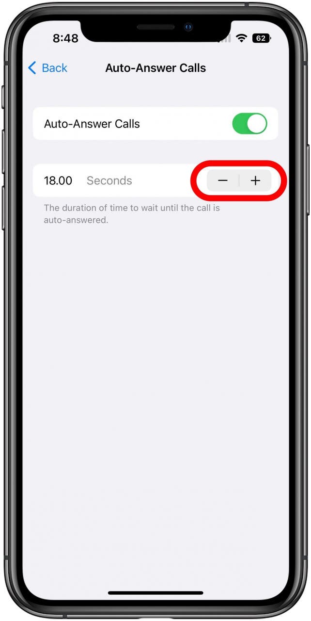 Auto-Answer Calls Settings screen with the toggle enabled and the +/- buttons for setting duration marked.