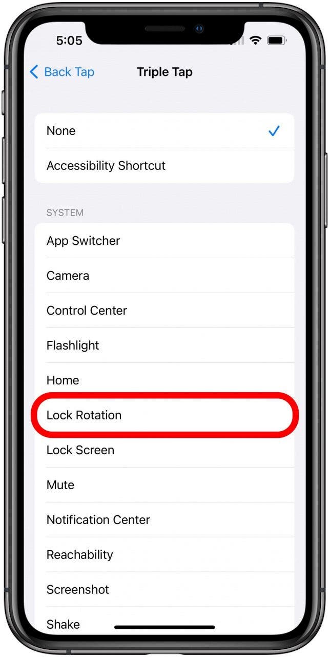 Back Tap options for Triple Tap screen with Lock Rotation option marked.