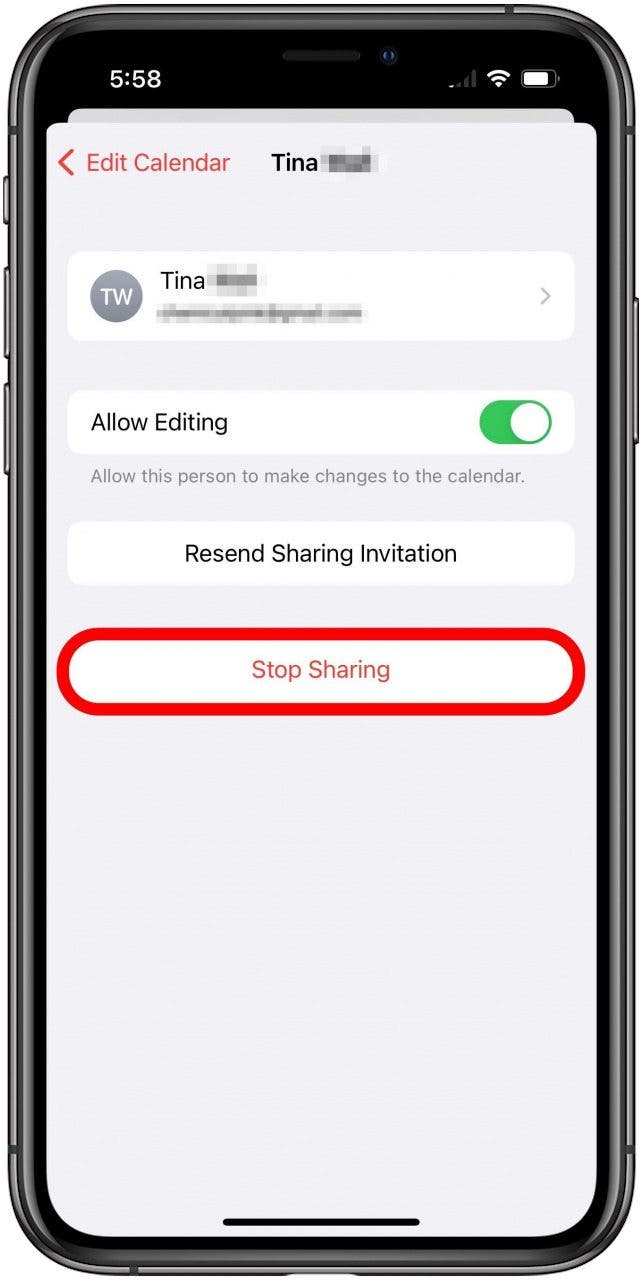 Edit Calendar person screen with Stop Sharing button marked.