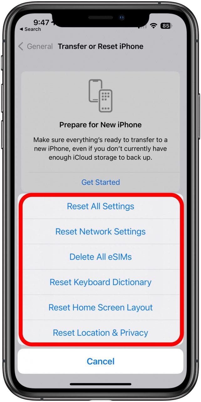 choose which settings to reset on iphone or ipad