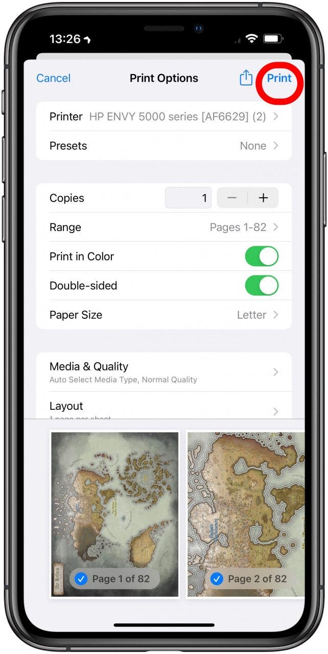 choose your print options and tap print