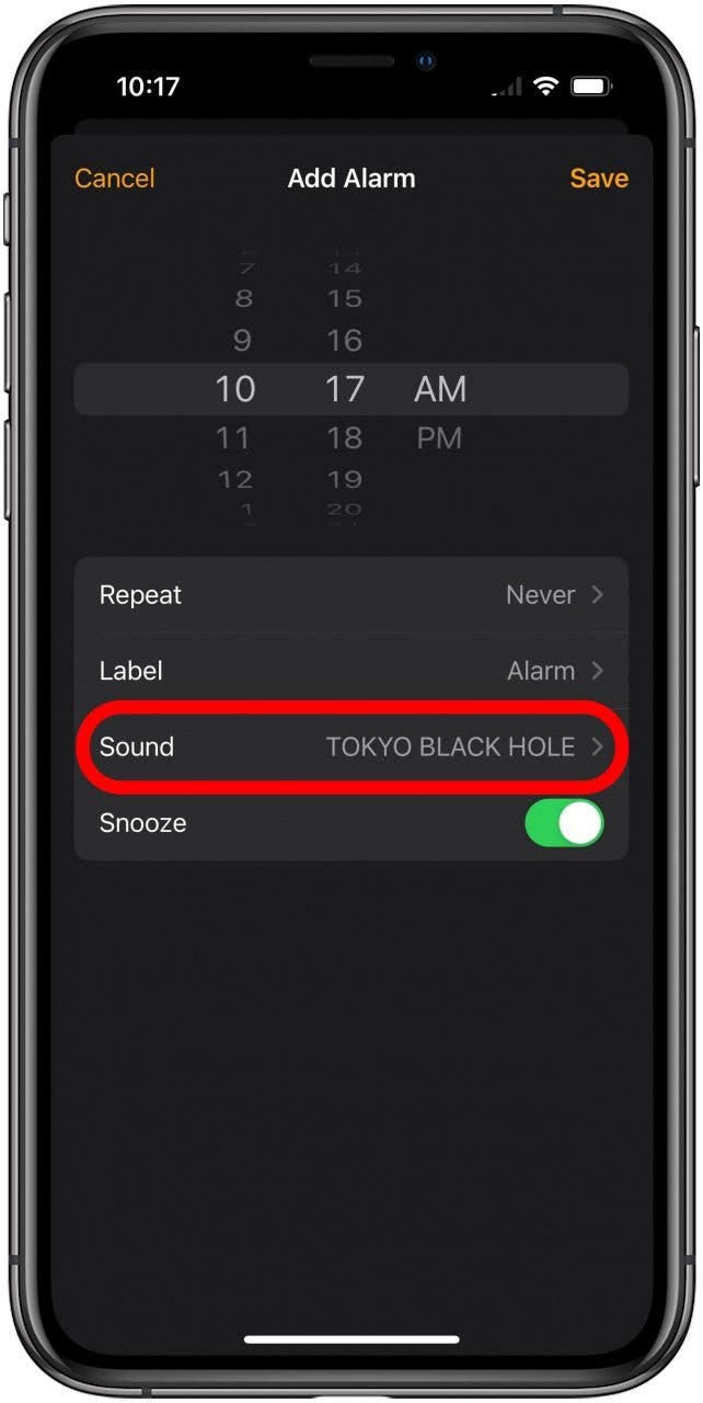 Clock app Add Alarm screen with the Sound option marked.