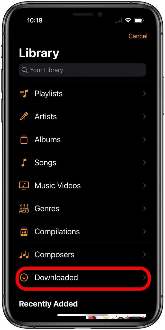 Clock app in song Library screen with Downloaded option marked.