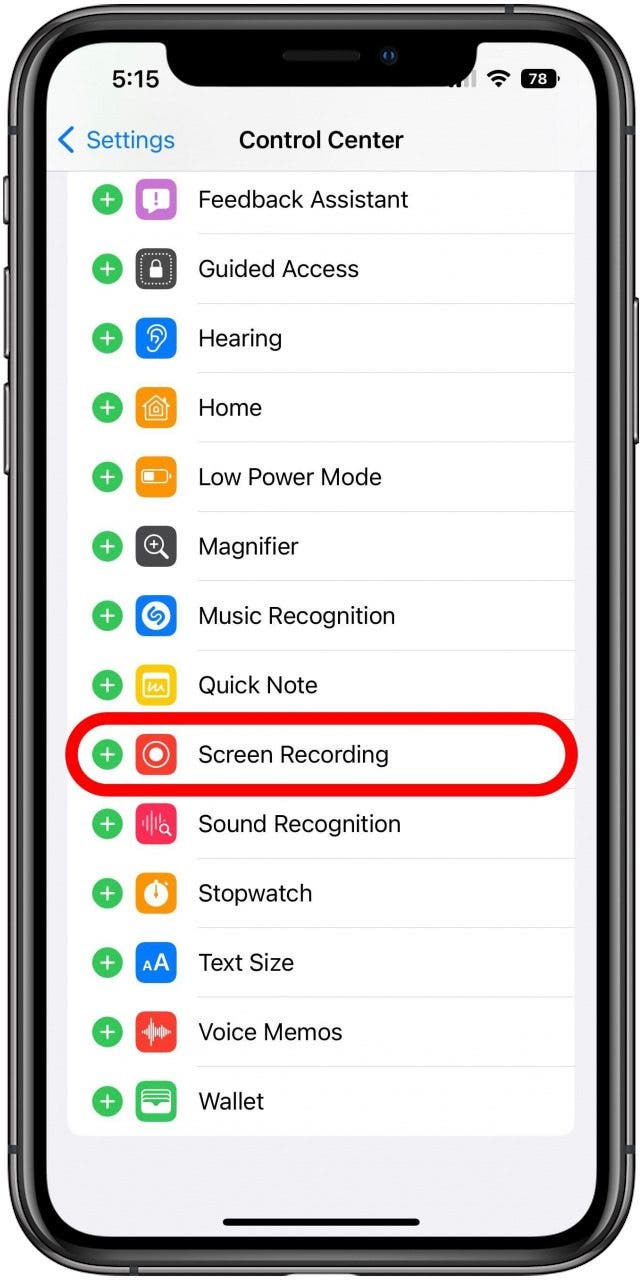 Control Center Settings screen with Screen Recording option marked.