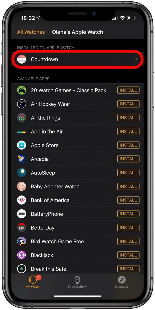 Under the My Watch tab, find the app that you want to remove.