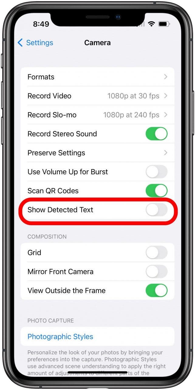 Camera Settings screen with disabled Show Detected Text toggle indicated by red markings