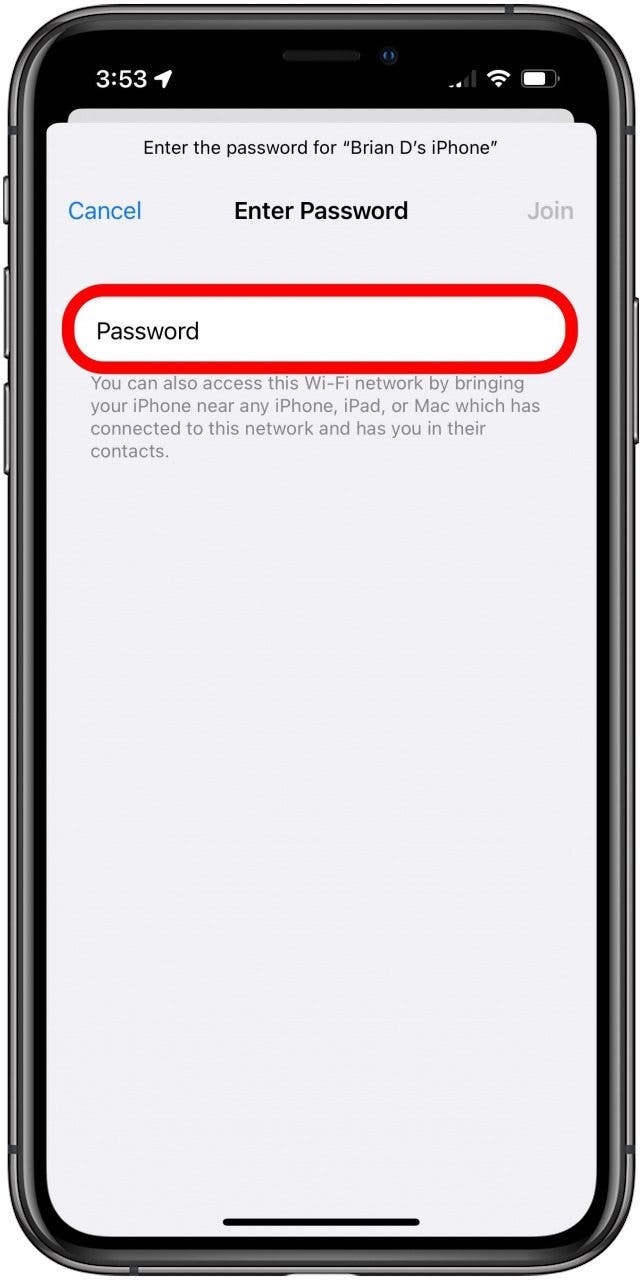 Enter Password screen for Personal Hotspot on other with Password field marked.