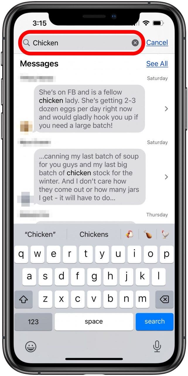 enter search term to search imessage