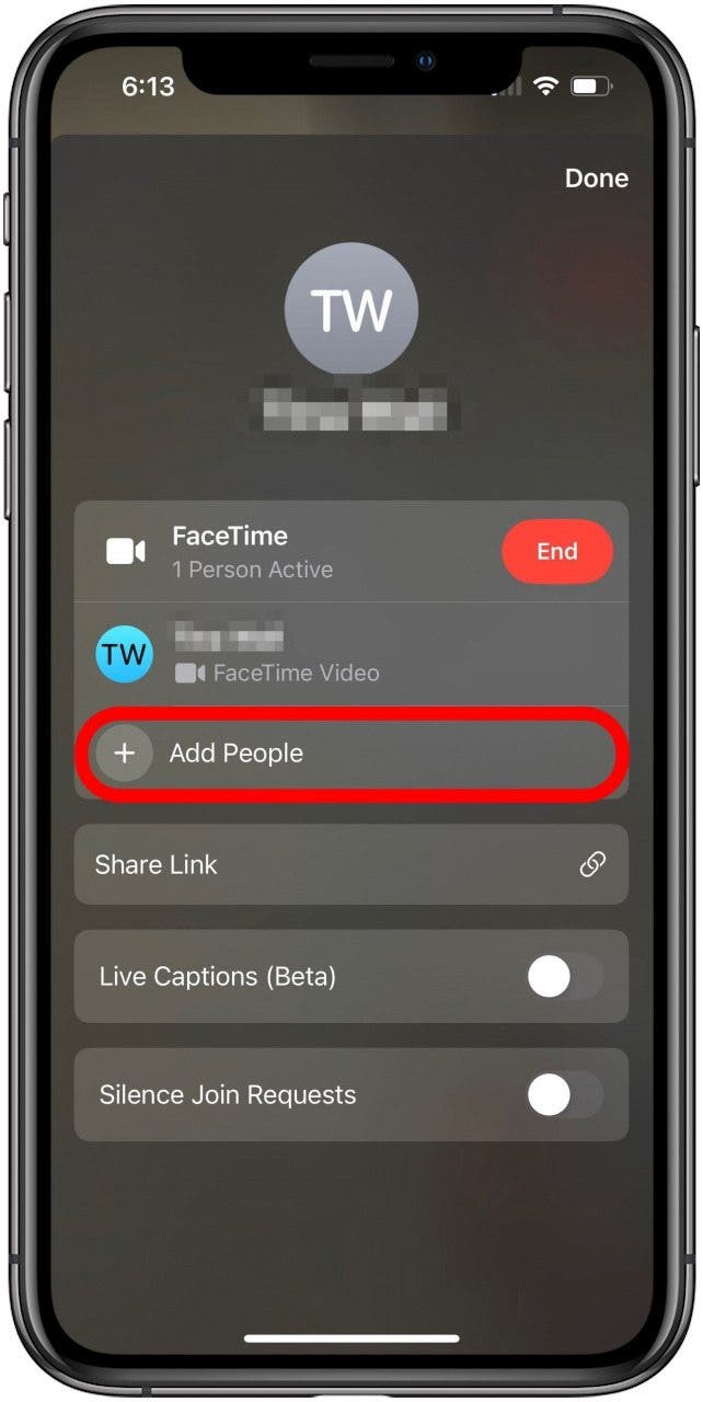 FaceTime app with the menu for an active call open and the Add People option marked.