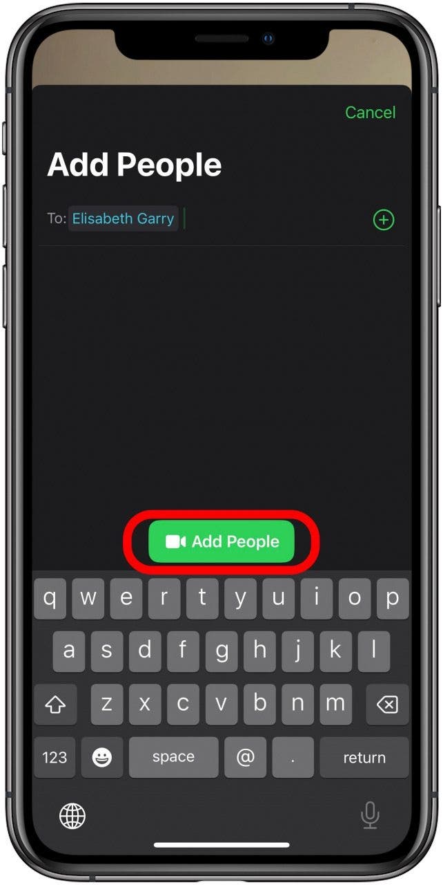 FaceTime on the Add People screen for an active call with someone in the To field and the Add People button marked.