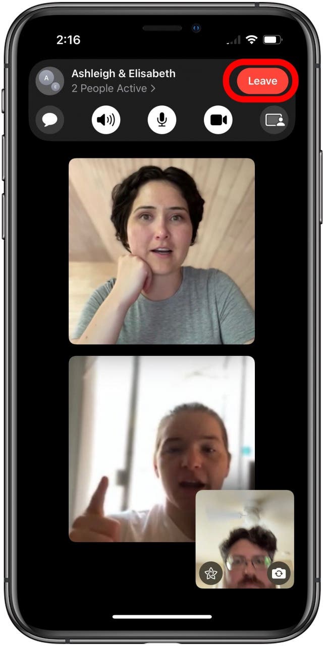 FaceTime call with the menu open at the top of the screen and the Leave button marked.