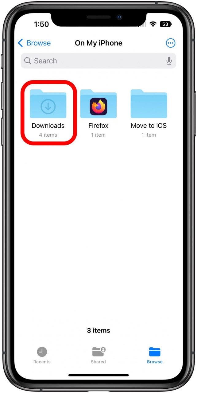 Files app on the On My iPhone screen with the Downloads folder marked.