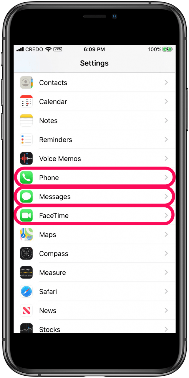 phone, messages, facetime settings