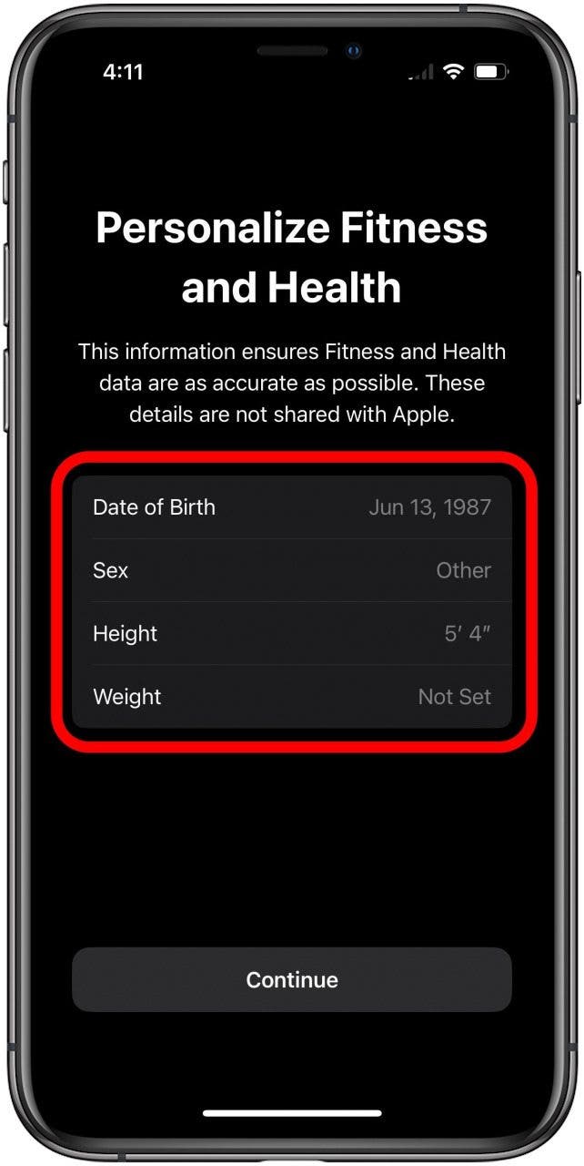 Fitness app setup screen to personalize health information with the detail boxes marked.