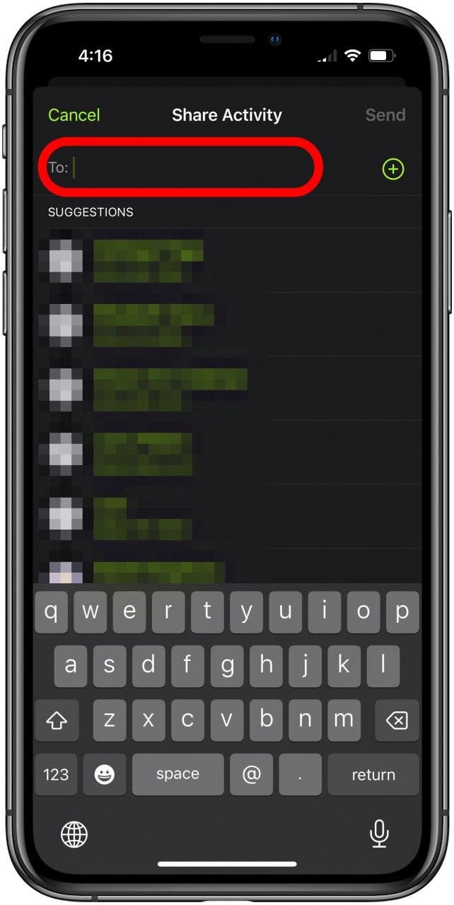 Fitness app Share Activity screen to search for contacts. The To field is marked.