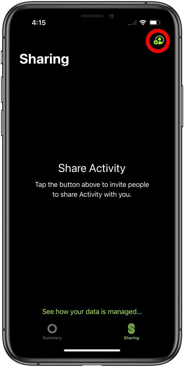 Fitness app Sharing screen with the add contact icon marked.