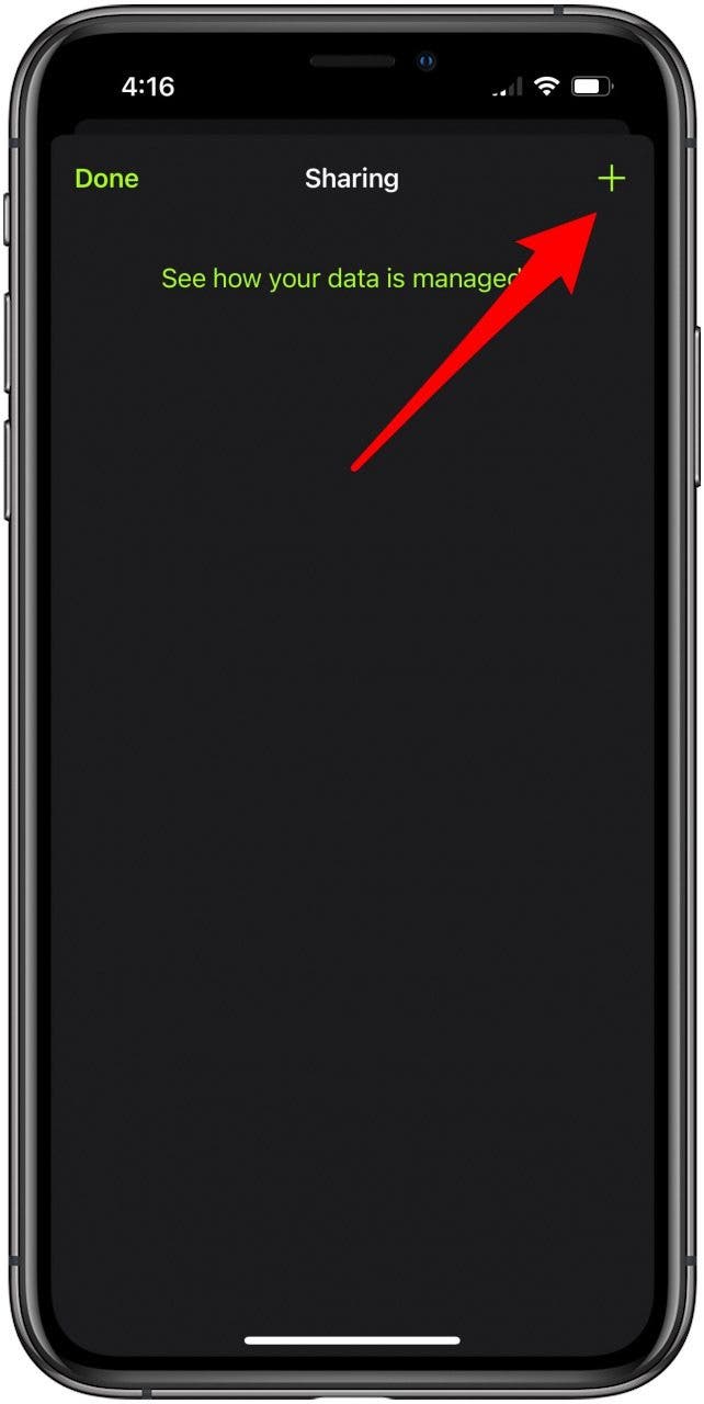 Fitness app Sharing screen with the plus sign icon marked.