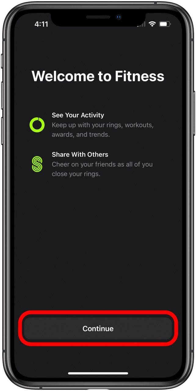 Fitness app welcome screen with the Continue button marked.