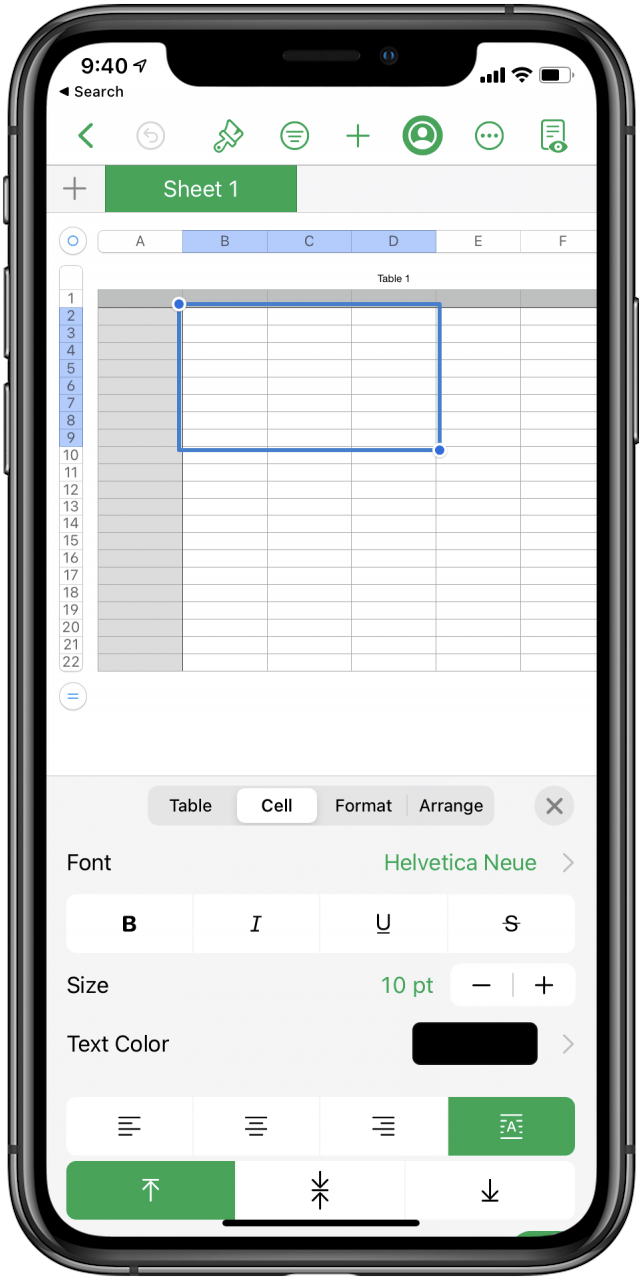 The Cell tab will allow you to bold, underline, italicize, and otherwise format text in tables on your iPhone