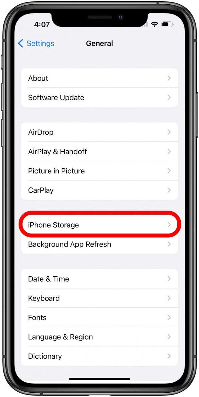 General Settings screen with iPhone Storage option marked
