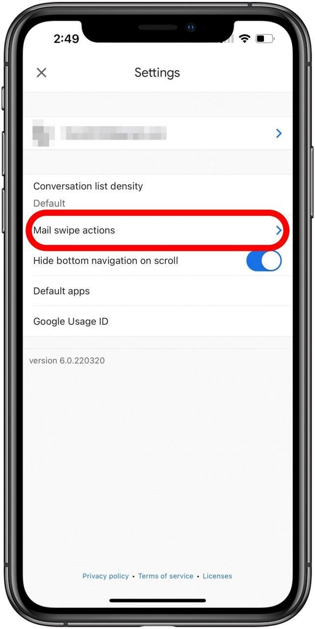 Gmail Settings screen with Mail swipe actions option marked