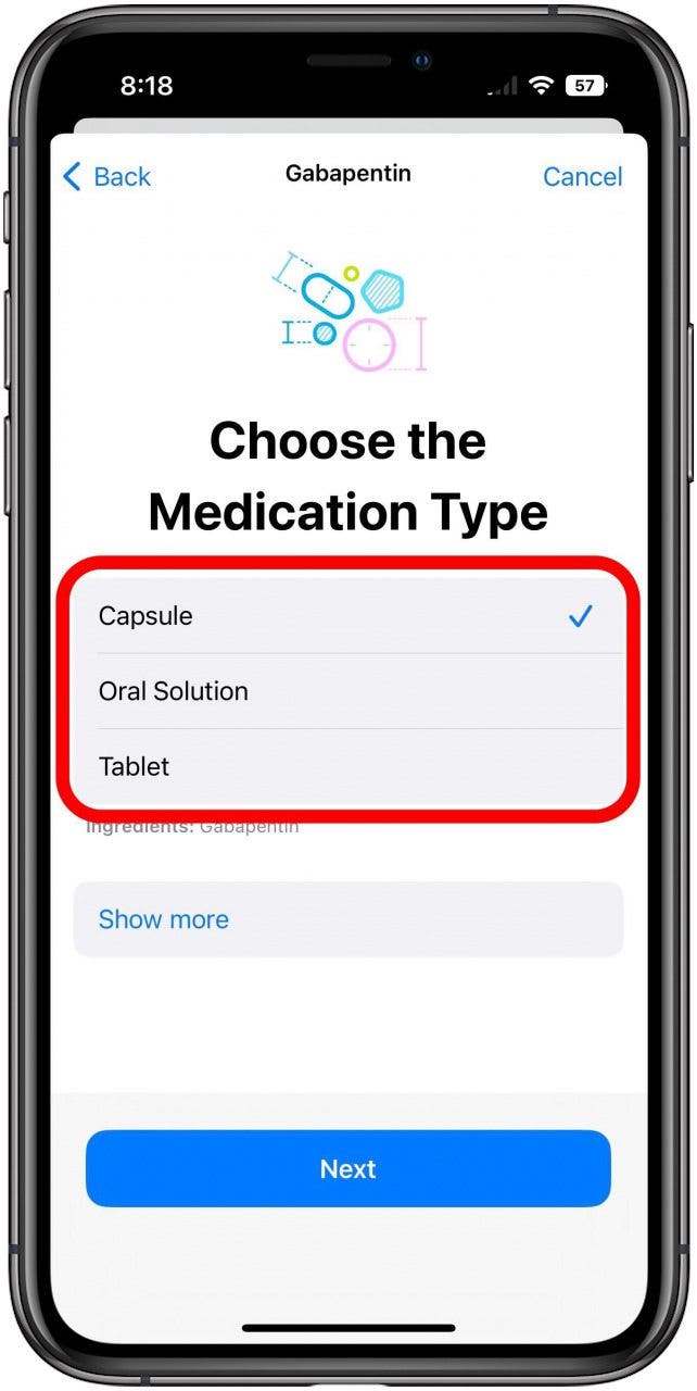 Health app on the new medication screen with the type selection box marked.