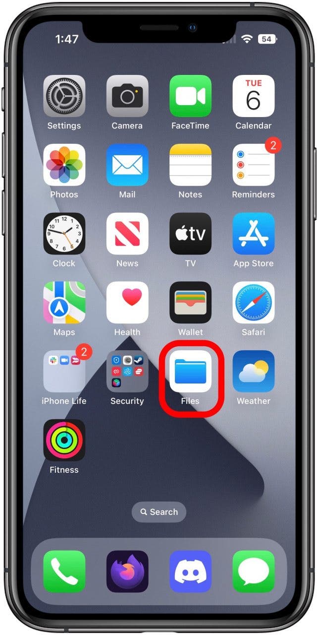 Home screen with Files app icon marked.