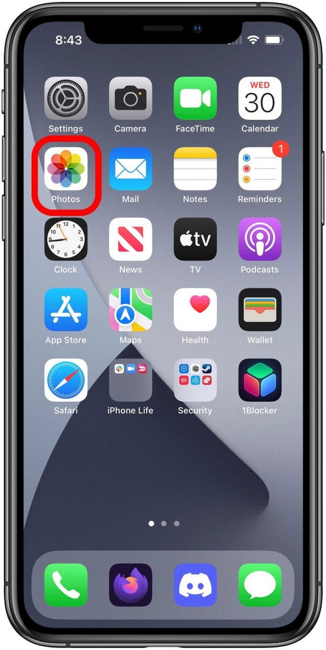 iPhone 13 Home screen, with Photos app marked